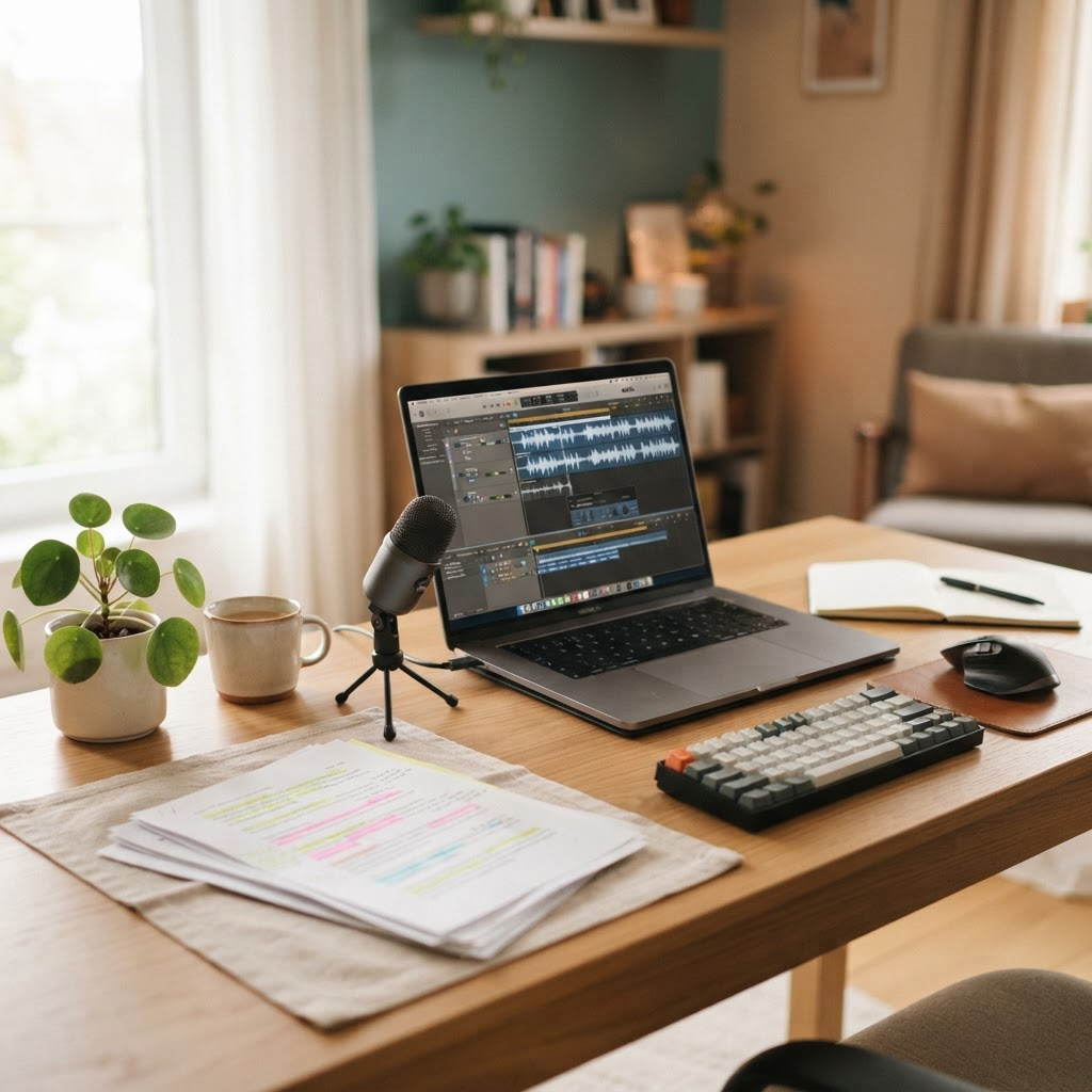 A tidy home office desk with a laptop showing an audio editing interface, a small microphone, and printed articles marked with a highlighter.